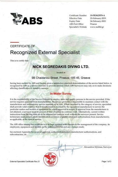 ABS - Certificate of Recognized External Specialist | NSD LTD